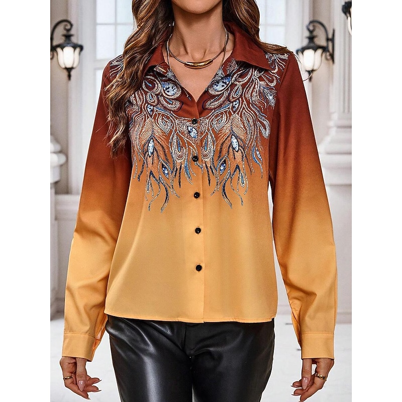 Women's Shirt Long Sleeve Button Down Blouse Stylish Modern Buttons Print Regular Tops Shirt Collar Work Daily Maroon Spring Fall3