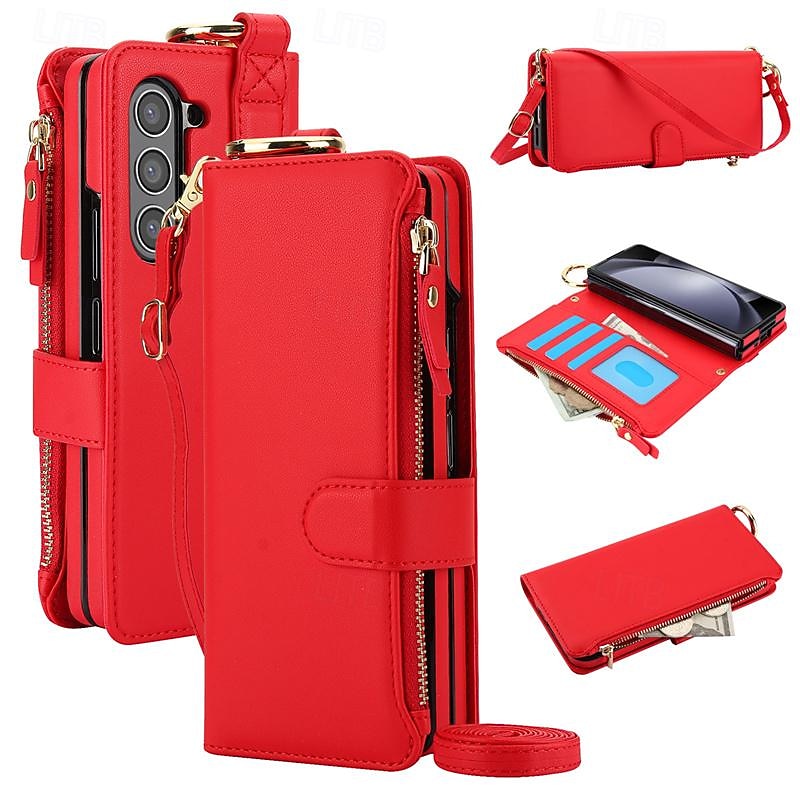 Phone Case For Samsung Galaxy Z Fold 7 Z Fold 6 Z Fold 5 Z Fold 4 Z Fold 3 Wallet Case with Wrist Strap Ring Buckle Shockproof PC PU Leather