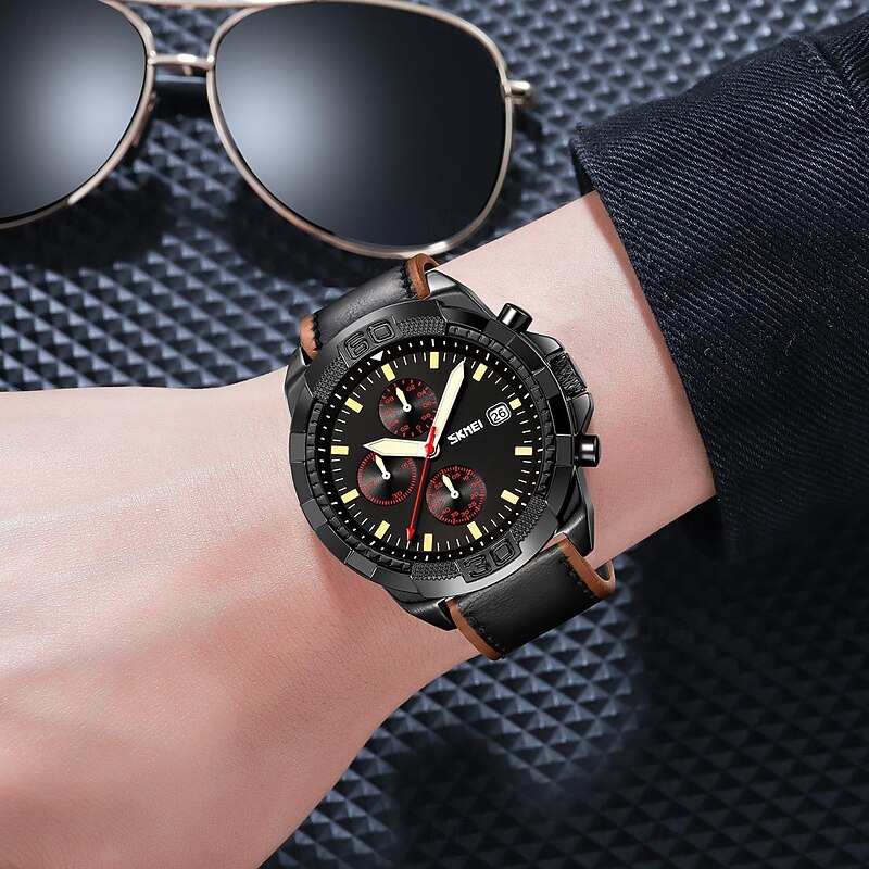 SKMEI Men Quartz Watch Fashion Business Wristwatch Luminous Stopwatch Calendar Waterproof Leather Watch4