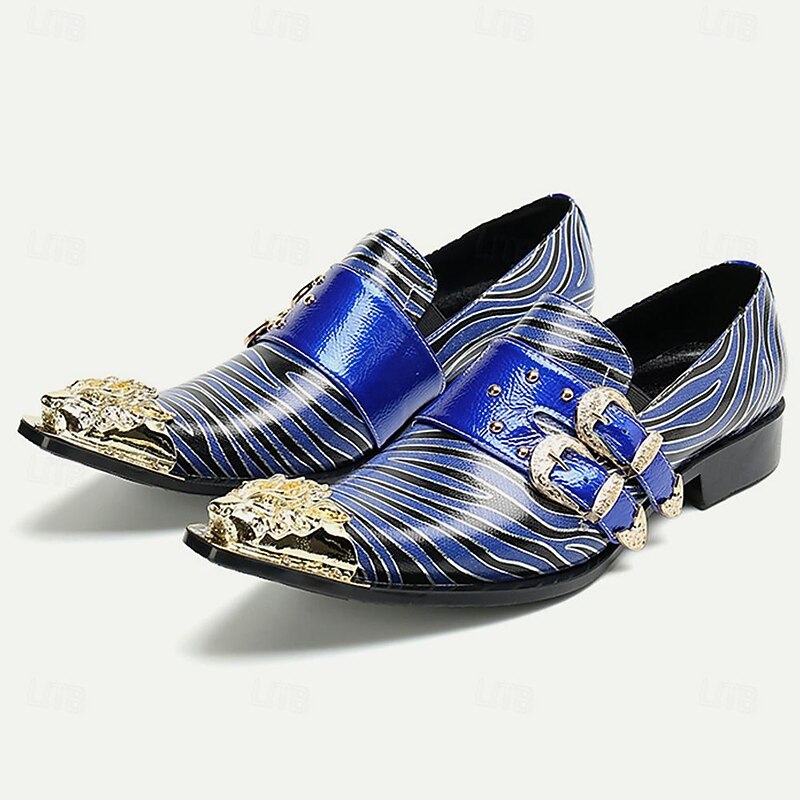 Men's Blue Striped Monk Strap Shoes - Premium Cowhide Leather with Double Buckle and Metal Toe Cap3