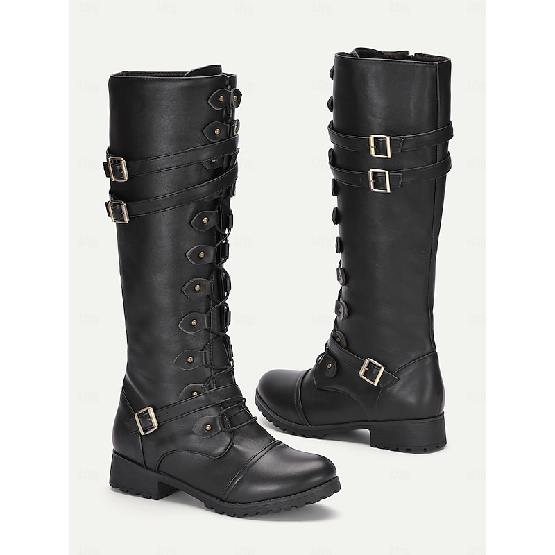 Women's Vintage Gothic Combat Boots - Black Buckle Strap Knee-High Boots for Cosplay and Daily Wear2