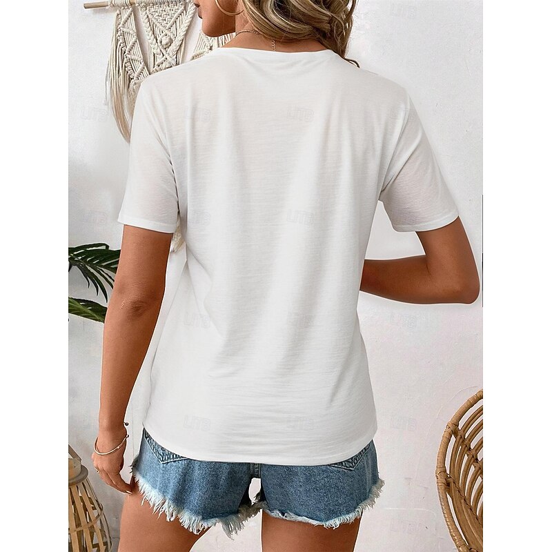 Women's T Shirt Casual Floral Print Short Sleeve Regular Tops V Neck Daily White Summer2