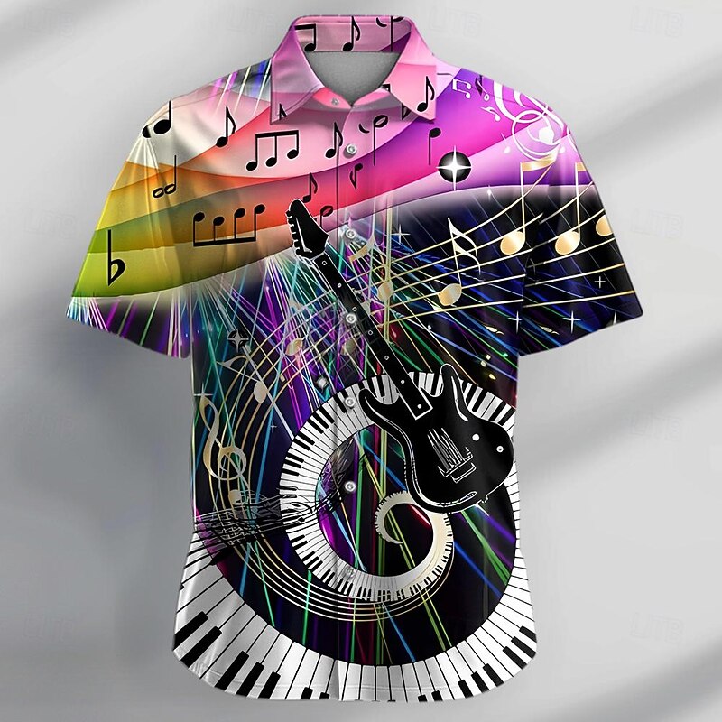 Men's Boardmasters Musical Notes Shirt Button Up Shirt Short Sleeve Casual Hippie Vacation Daily Summer Turndown Button Up 3D Print Pink