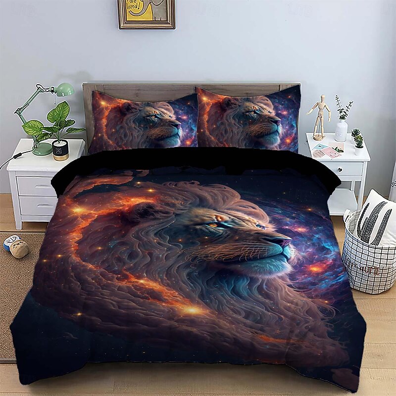 Colorful Neon Lion Head 3-Piece Down Duvet Cover Set for Hotel Bedroom Guest Rooms Bdding Comfort Set