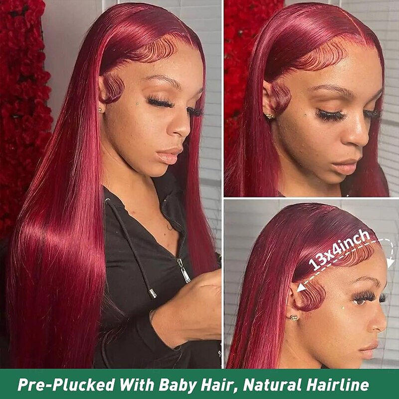 Remy Human Hair 13x4 Lace Front Wig Free Part Peruvian Hair Yaki Straight Burgundy Wig 150% Density with Baby Hair Glueless Pre-Plucked For wigs for black women Long Human Hair Lace Wig4