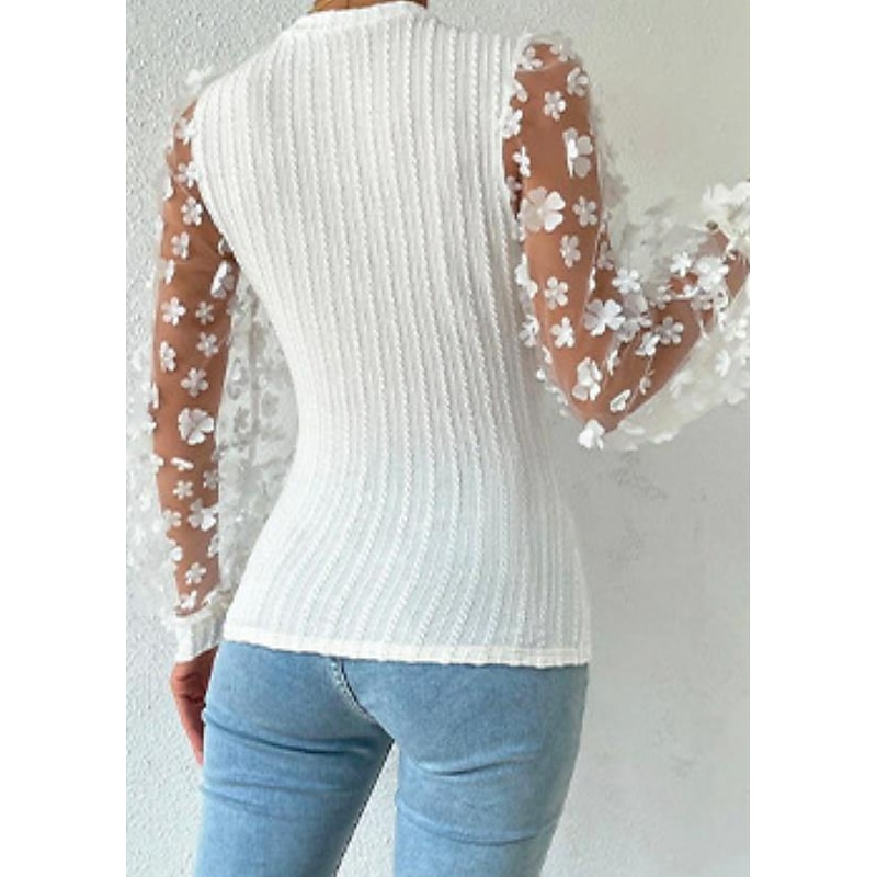 Women's Blouse Chiffon Stylish Modern Solid Color Mesh Patchwork Lantern Sleeve Long Sleeve Crew Neck Work Black White Blue Summer Spring Fall3
