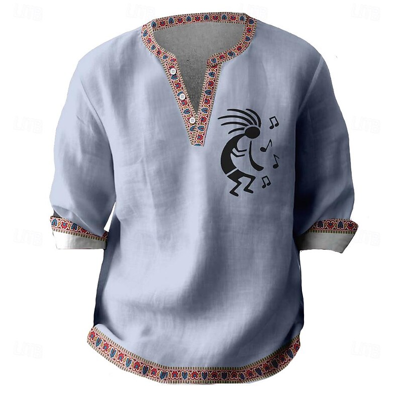 Men's Kokopelli Shirt Button Up Shirt Henley Shirt Long Sleeve Vintage Casual Tribal Vacation Daily Beach Summer Spring Fall V Neck 3D Print Black Blue Khaki