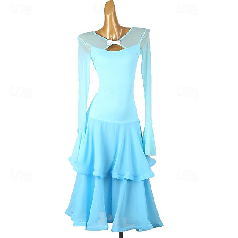 Ballroom Dance Dress Splicing Women's Performance Party Long Sleeve Chiffon Chinlon Mesh