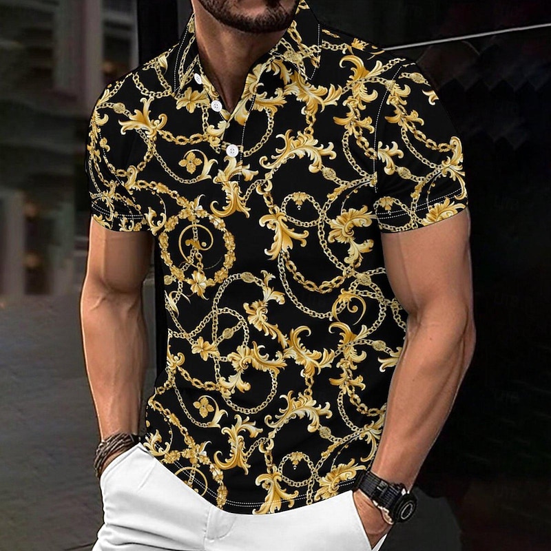 Flower / Plants Men's Casual Print Polo Set Casual Daily Wear 95% Polyester 5% Spandex Short Sleeve Turndown Polo Shirts Black Spring & Summer S M L Micro-elastic Lapel Polo - Main Image