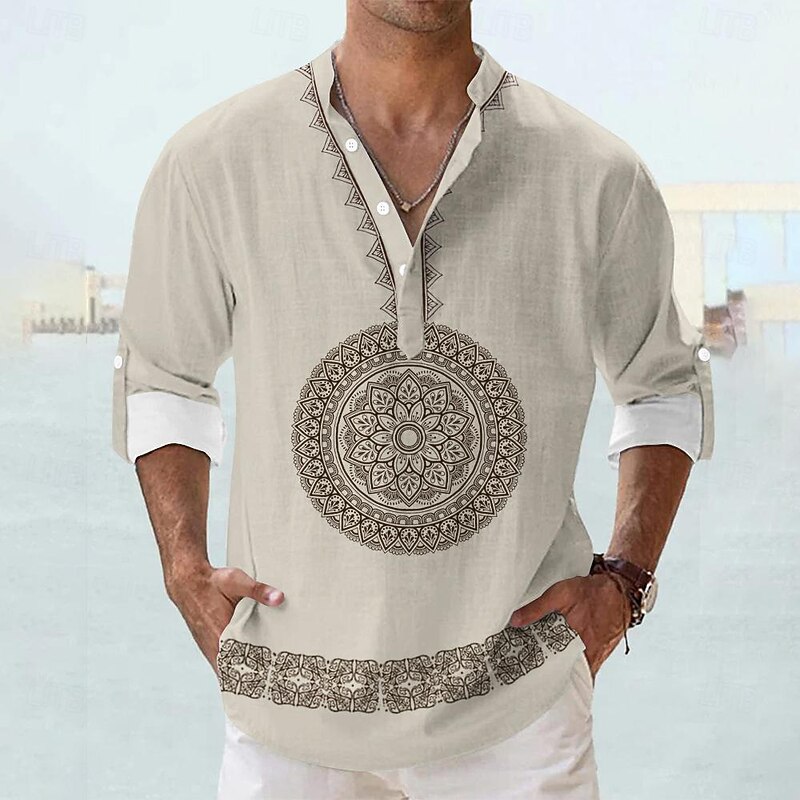 Men's Shirt Linen Shirt Button Up Shirt Long Sleeve Tribal Fashion Casual Vacation Causal Casual Summer Spring &  Fall Stand Collar Buttons Print Black Khaki Beige