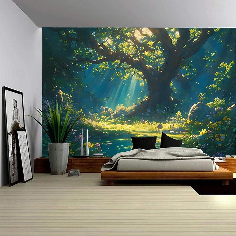 Nature Tree House Hanging Tapestry Wall Art Large Tapestry Mural Decor Photograph Backdrop Blanket Curtain Home Bedroom Living Room Decoration2