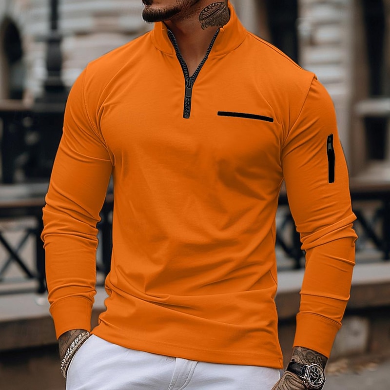 Men's Polo Shirt Pullover Sweatshirt Sports Daily Wear Quarter Zip Long Sleeve Fashion Comfortable Plain Pocket Zip Up Spring &  Fall Regular Fit Black White Navy Blue Orange Polo Shirt4