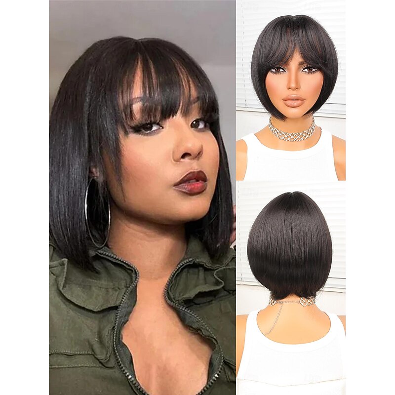 Synthetic Wig Natural Straight Bob Neat Bang Wig 10 inch Black Synthetic Hair Women Black