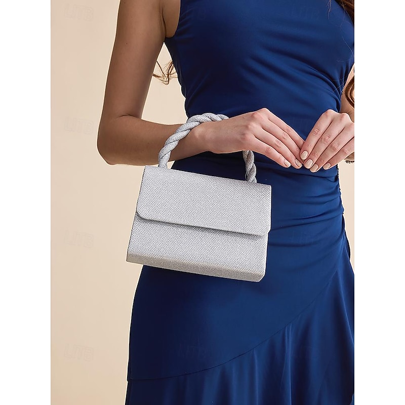 Women's Silver Glitter Handbag with Braided Handle and Chain Strap for Evening Events and Parties2