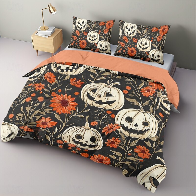 Halloween Duvet Cover Set Jack O Lantern Pumpkin Floral and Pumpkin Patterns for a Cozy Holiday Feel - Includes Duvet Cover and Pillowcases - Soft and Comfortable Fabric4