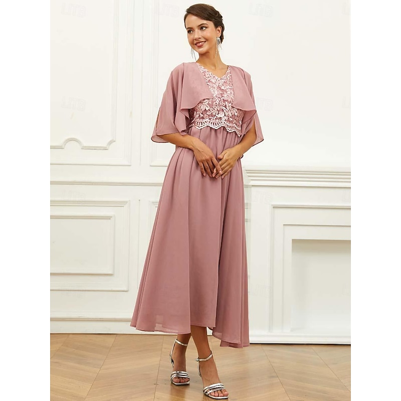 Women's Wedding Guest Cocktail Dress Chiffon Lace Ruffle V Neck Short Sleeve Midi Dress Party Elegant Formal Pink Summer