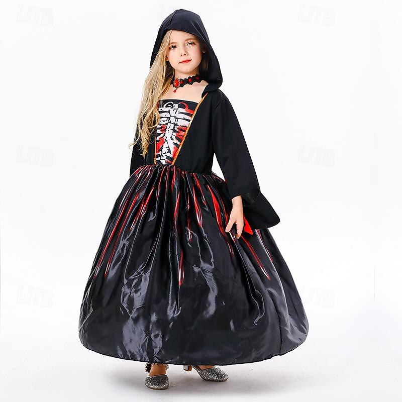 Witch Skeleton Skull Ghost Halloween Cape Cosplay Costume Hooded Cloak Walpurgis Night Scary Costume Kid's Girls' Carnival Masquerade Performance Halloween Masquerade Easy Halloween Costumes Dress Up3