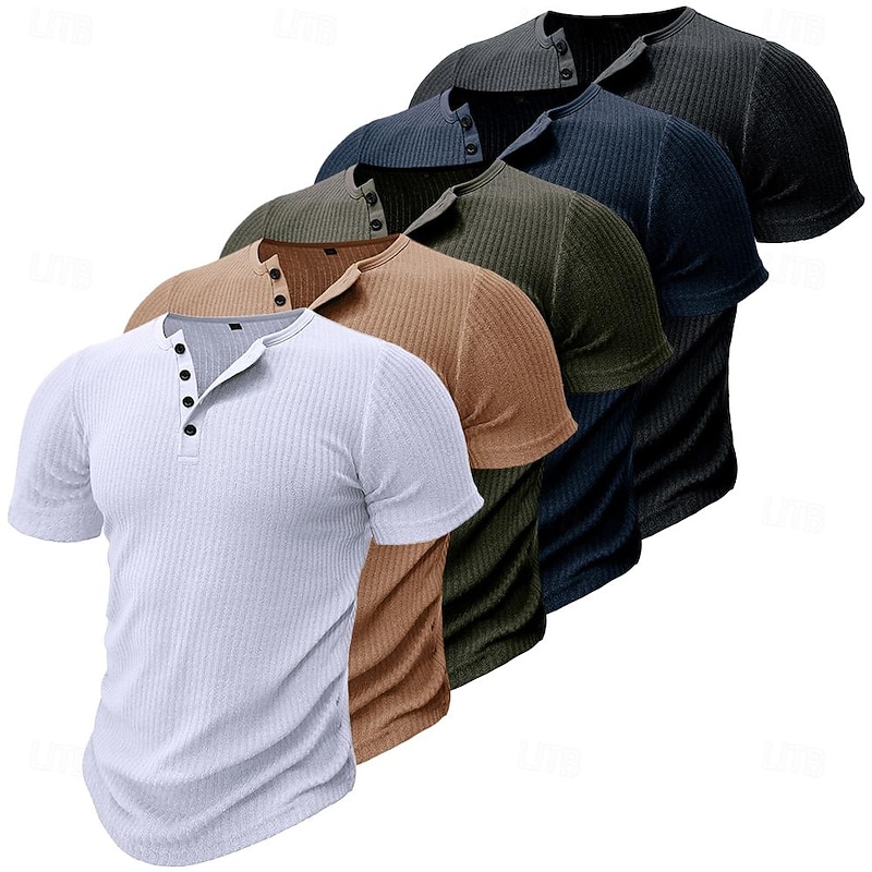 Men's Henley Shirt Muscle Shirt Ribbed Knit tee Tee Top Short Sleeves Plain Fashion Designer Basic Henley Vacation Street Going out Summer Army Green Black White Henley T-Shirt