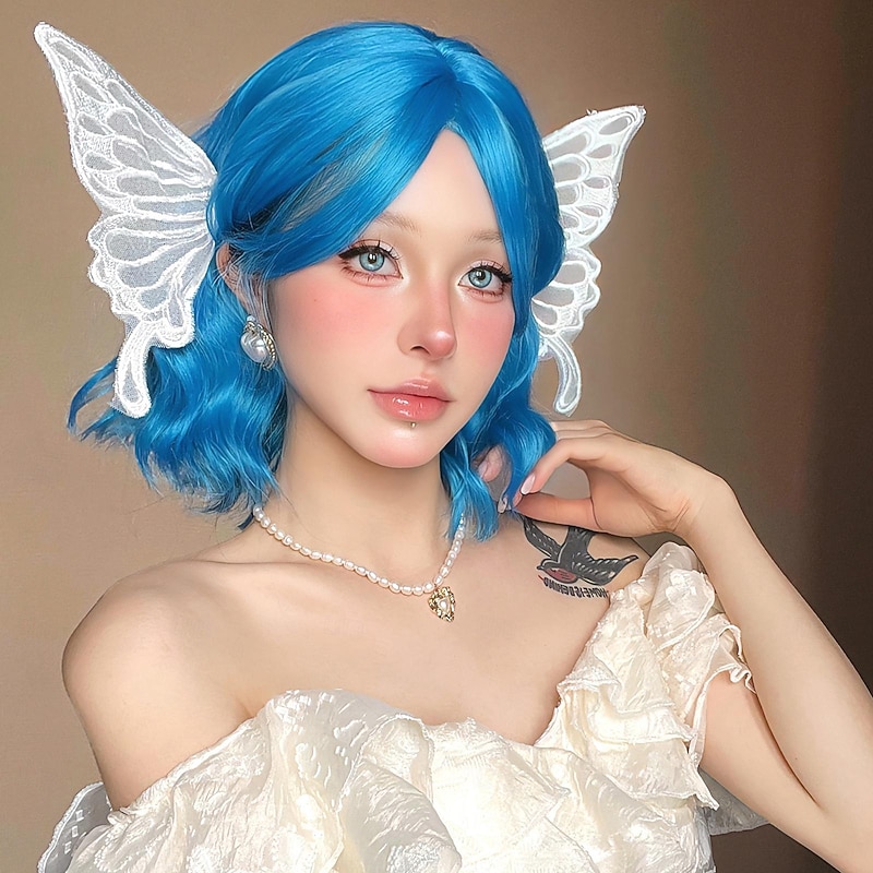 Synthetic Wig Uniforms Career Costumes Princess Curly Wavy Middle Part Layered Haircut Machine Made Wig 12 inch Royal Blue Synthetic Hair Women's Cosplay Party Fashion Blue2