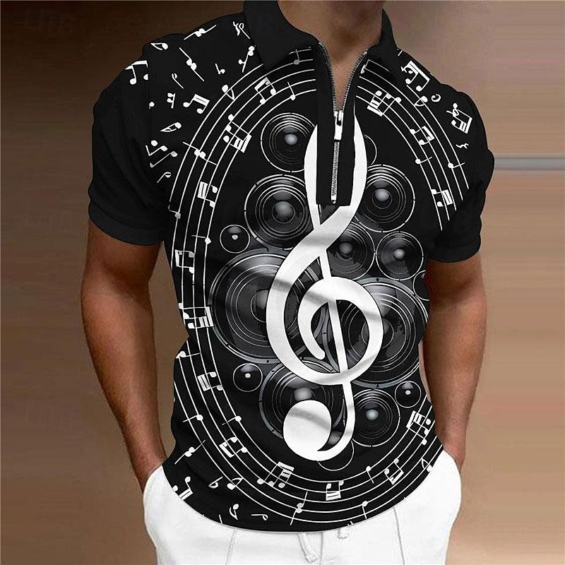 Music Festival Men's Music Zip Polo Shirts Golf Shirt Short Sleeve Polo Shirts Collared Shirts Casual Vacation Wear Festival Wear Party Outfits 3D Print Quarter Zip Polo Light Yellow Black White+Black2