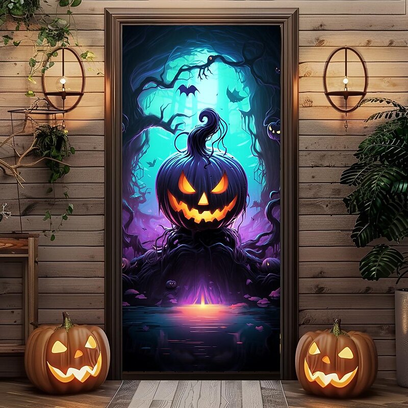 Halloween Door Decorations Halloween Door Covers Jack O Lantern Pumpkin Castle Door Tapestry Door Curtain Decoration Backdrop Door Banner for Front Door Farmhouse Holiday Party Decor Supplies4