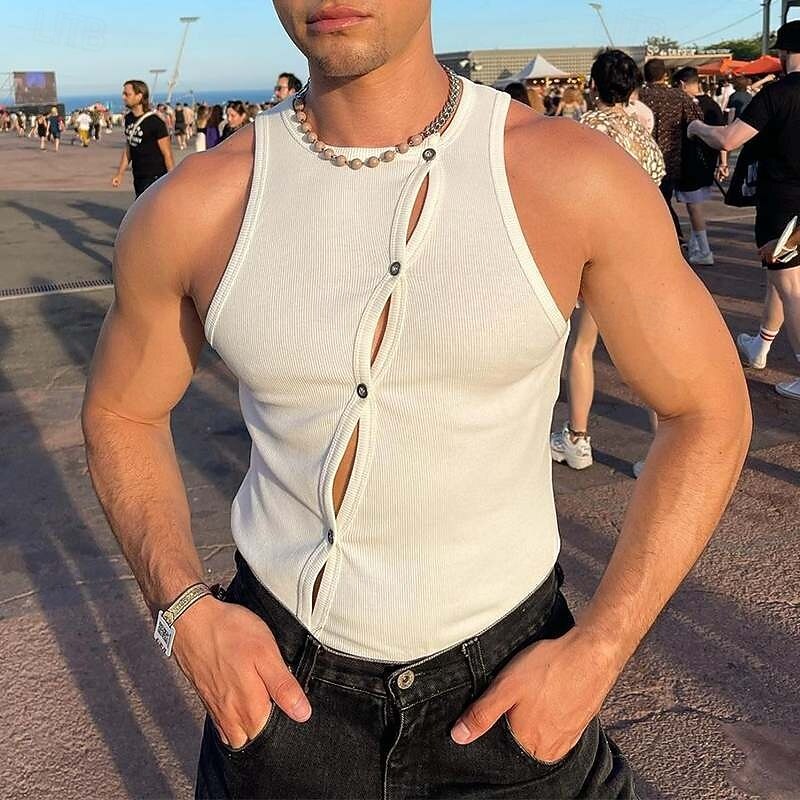 Men's Tank Top Sleeveless Shirt Muscle Shirt Sleeveless Crew Neck Summer Color Block Pit Strip Fashion Designer Muscle Hollow Out Buttons Outdoor Going out Gym Black White Orange Top Tee for Men