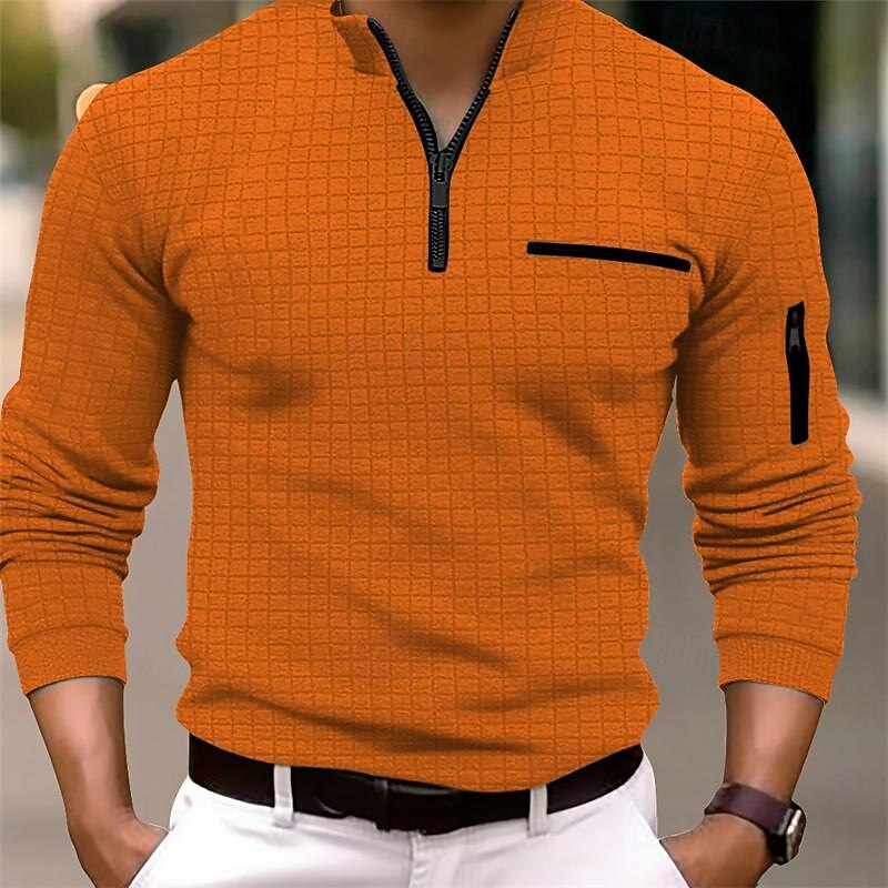 Men's Waffle Polo Shirt Quarter Zip Polo Daily Holiday Quarter Zip Long Sleeve Fashion Modern Plain Pocket Spring &  Fall Regular Fit Black White Navy Blue Orange Light Grey Dark Gray Waffle Polo4