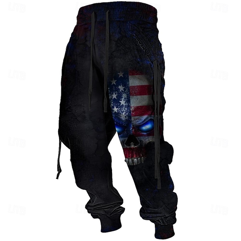 Men's Flag Skull Sweatpants Joggers Mid Waist Casual Outdoor 3D Print Fall & Winter Black