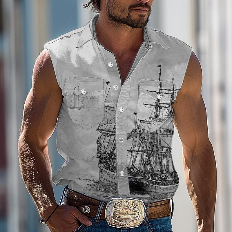 Men's Nautical Sailboat Shirt Western Shirt Cowboy Shirt Sleeveless Western Style Outdoor Work Causal Summer Spring Shirt Collar Gray