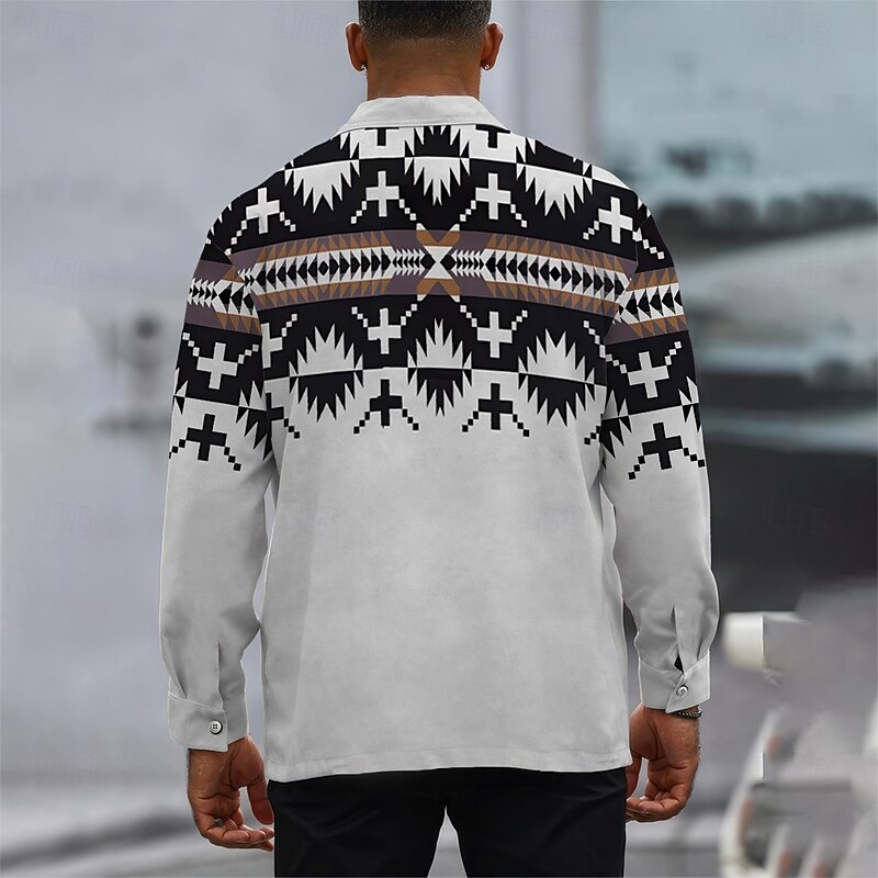 Men's Cowboy Western Shirt Shirt Jacket Long Sleeve Vintage Casual Daily Wear Going out Fall & Winter Turndown Buttons 3D Print 2 Pockets Gray2