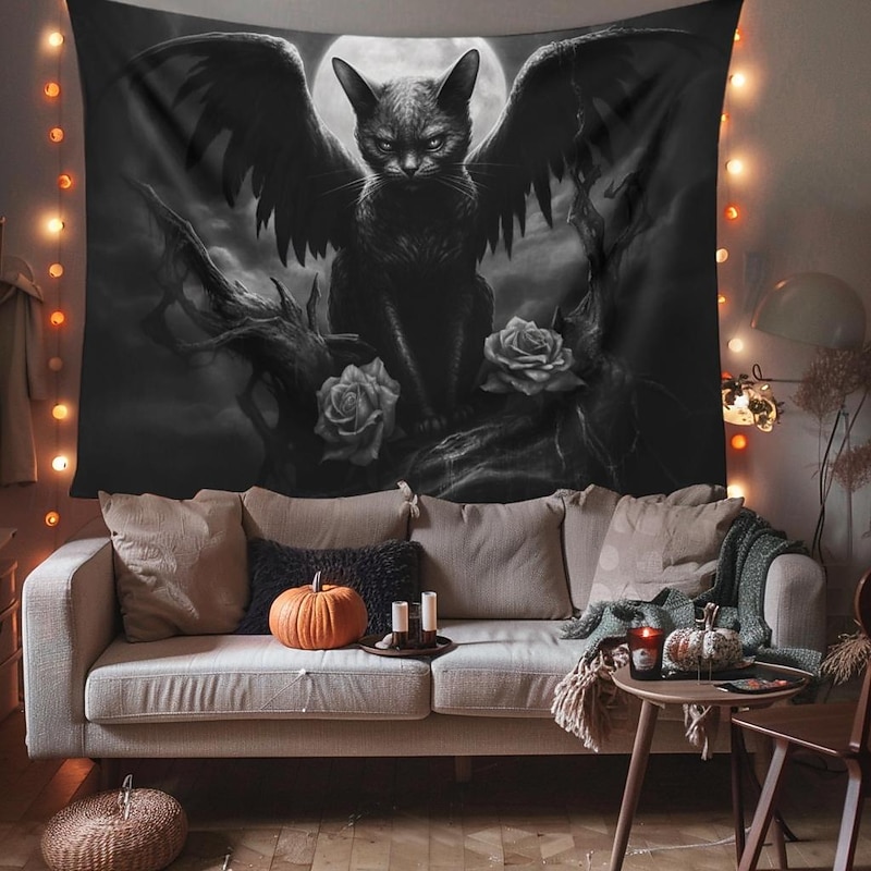 Black Cat Wings Hanging Tapestry Wall Art Large Tapestry Mural Decor Photograph Backdrop Blanket Curtain Home Bedroom Living Room3
