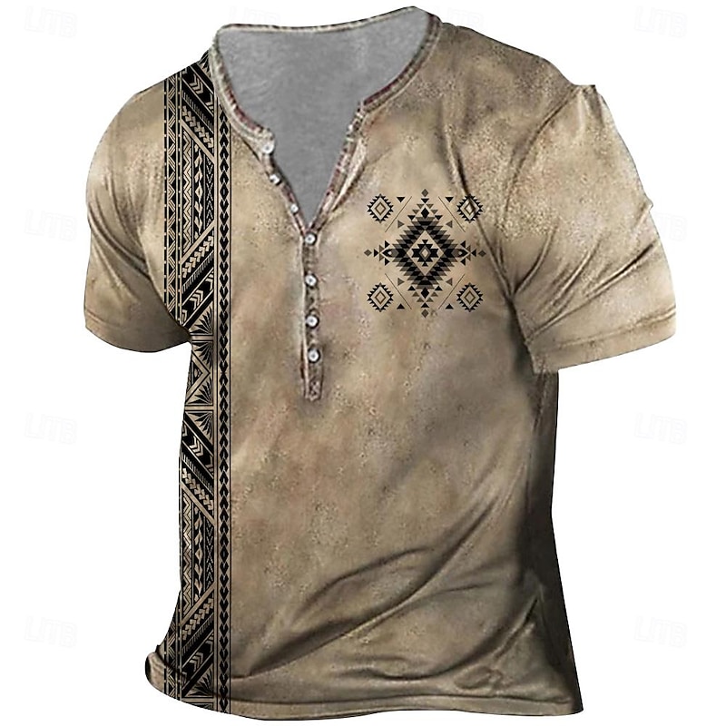 Men's Aztec T Shirt Short Sleeve 3D Print Vintage Daily Summer Spring Fall White Blue Brown Henley Collar Henley T-Shirt