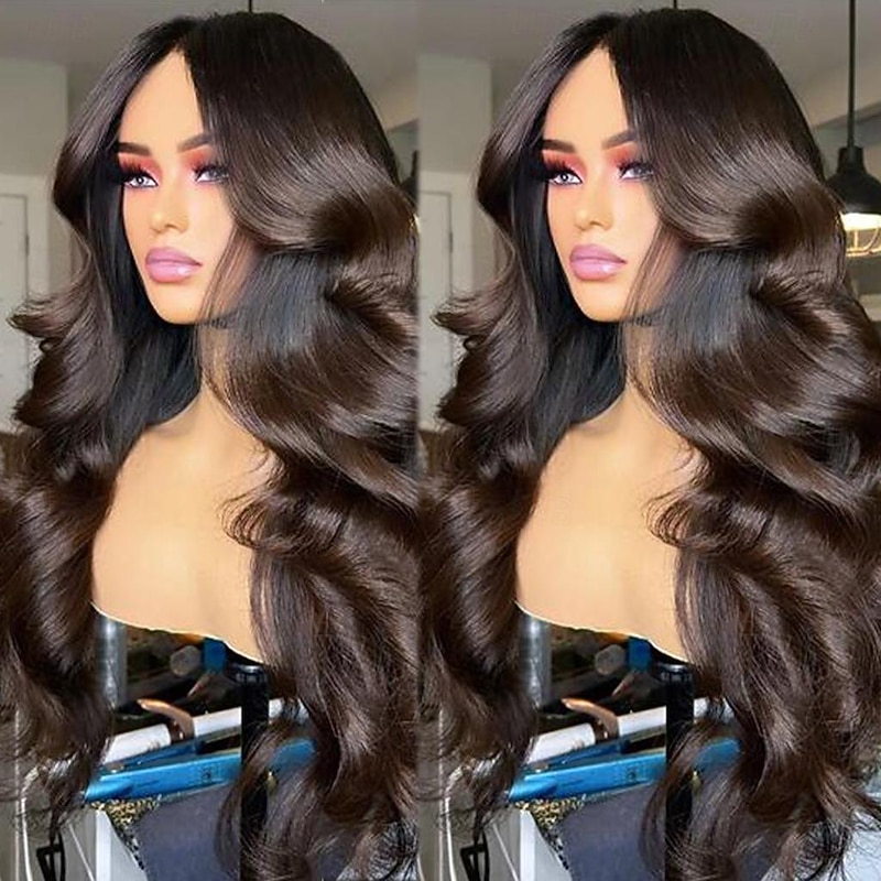 Remy Human Hair 13x4 Lace Front Wig Middle Part Brazilian Hair Wavy Brown Wig 130% 150% Density with Baby Hair Ombre Hair Glueless Pre-Plucked For Women Long Human Hair Lace Wig4