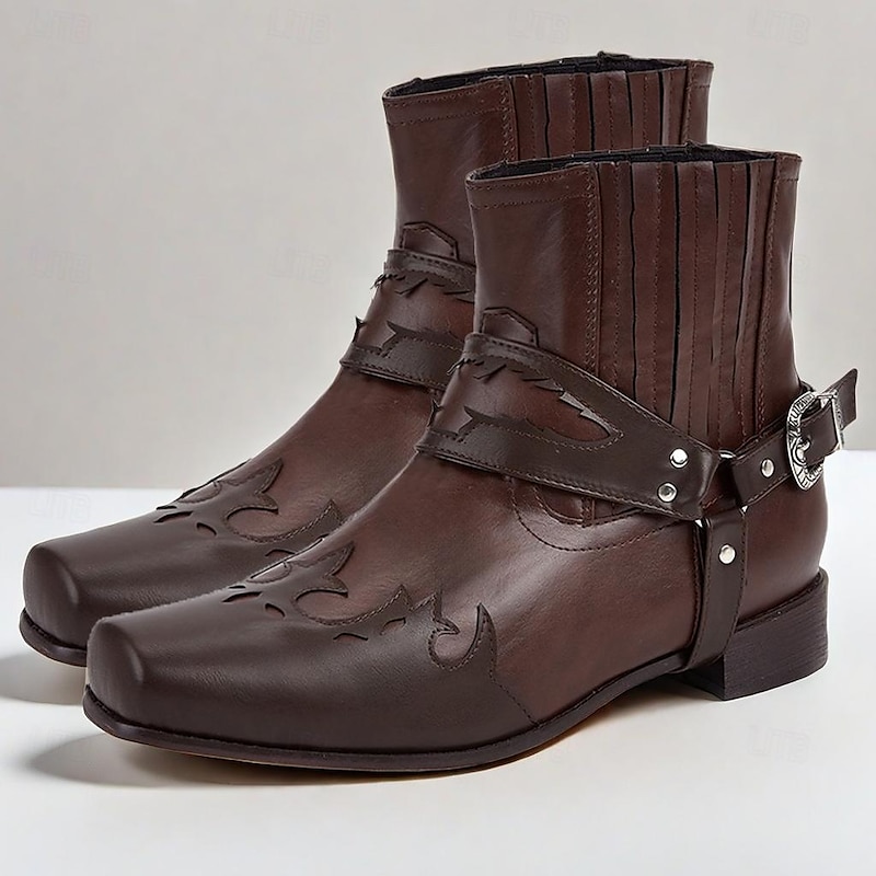 Men's Brown Western Cowboy Boots - Stylish Leather Embossed Ankle Boots for Casual Wear and Outdoor Activities3