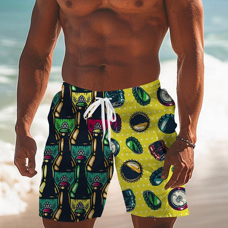 Men's 3D Print Beer Swim Trunks Swim Shorts Board Shorts Mid Waist Fashion Streetwear Designer Casual Daily Holiday Pocket Drawstring Elastic Waist Designer Clothing Apparel