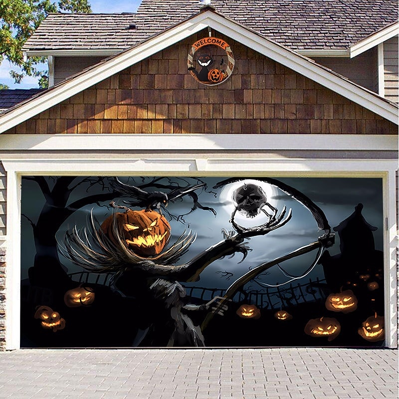 Halloween Door Decorations Halloween Garage Door Cover Pumpkins Jack O Lantern Outdoor Banner Ghost Bats Large Backdrop Decoration for Holiday Out door Decorations Door Home Wall Decorations 18
