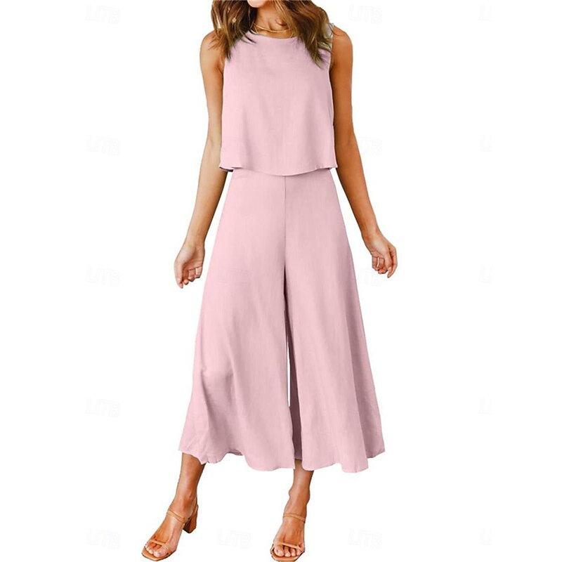 Women's Basic Tank Top Wide Leg Pants Sleeveless Crew Neck Plain Casual Weekend Black Pink Navy Blue Summer Regular Fit4