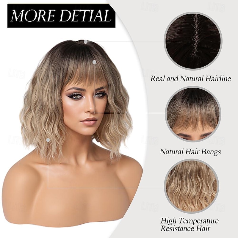 Ombre Blonde Wigs for Women Short Wavy Wig with Bangs Ash Blonde Bob Wig with Dark Roots Medium Length Natural Synthetic Hair for Daily Party&amp Cosplay Halloween Wigs3