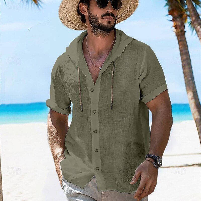 Men's Shirt Summer Shirt Beach Shirt Hooded Shirt Plain Vacation Curise Black White Green Light Blue Short Sleeve Hooded Summer Spring Clothing Apparel2