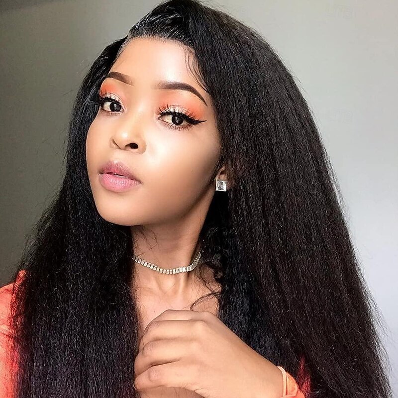 Human Hair Wig Short Medium Length kinky Straight Yaki Straight Side Part With Bangs Black Natural Color Natural Black Women Adjustable Thick Machine Made Capless Brazilian Hair All Natural Black #1B