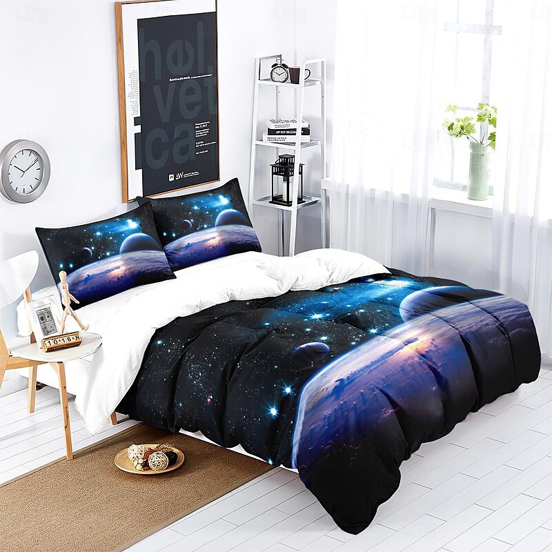 Galaxy Starry Sky Planet 3-Piece Down Duvet Cover Set for Hotel Bedroom Guest Room Guestroom Bedding Comfortable Set3