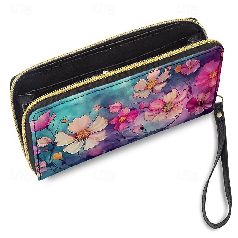 Women's Wallet Coin Purse Credit Card Holder Wallet PU Leather Shopping Daily Holiday Zipper Large Capacity Durable Flowers Light Red Purple3
