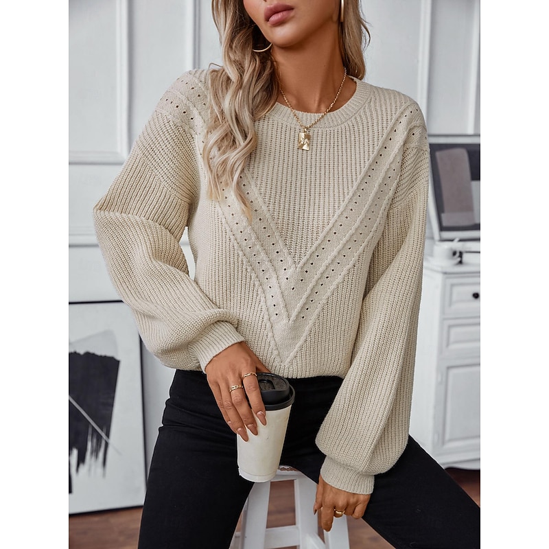 Women's Sweater Stylish Solid Color Ribbed Crew Neck Knitted Lantern Sleeve Long Sleeve Long Tops Knit Work Daily White Beige Fall Winter2