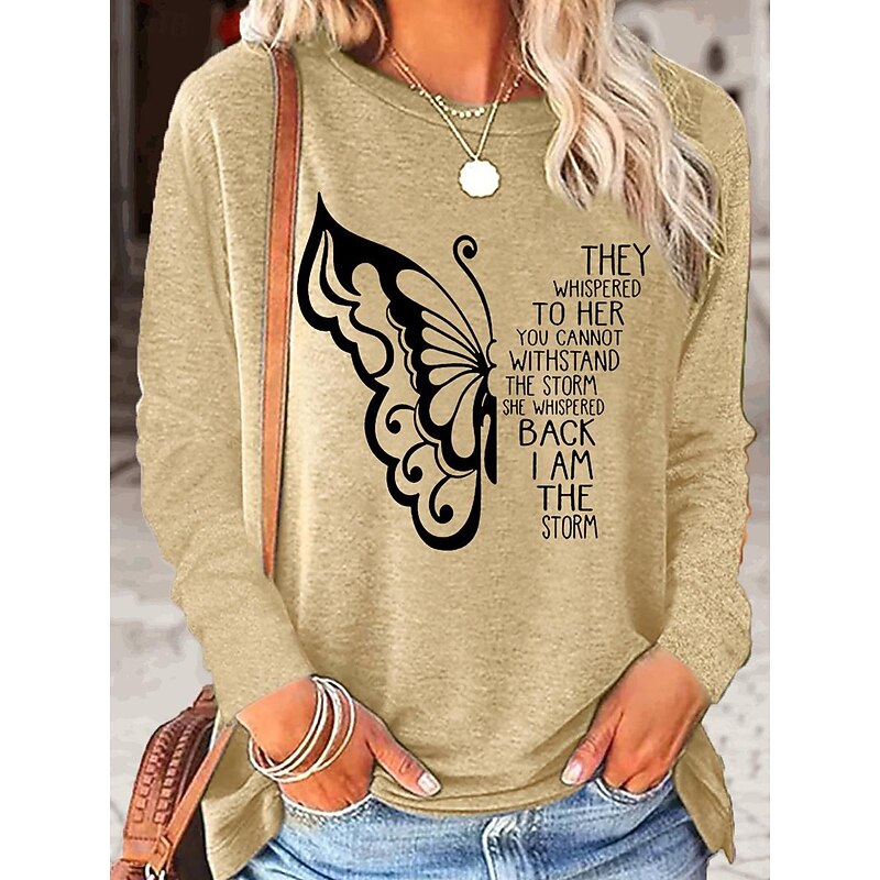 Women's T shirt Long Sleeve Butterfly Letter Fashion Casual Long Sleeve Round Neck Regular Tops Daily Print Pink Blue Khaki Spring & Fall Spring, Fall, Winter,  Prefall