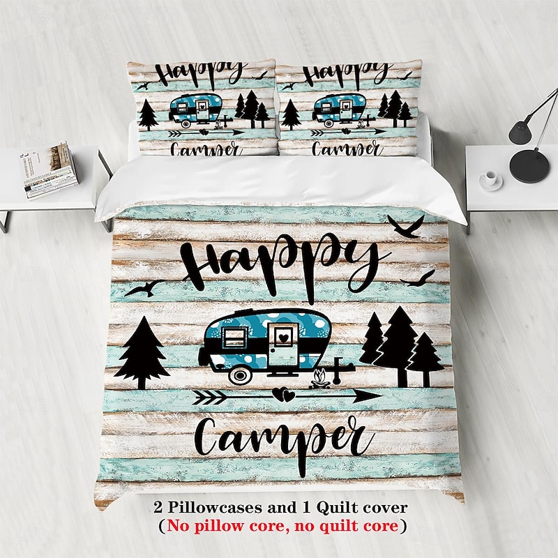 Cartoon Camping RV Print Duvet Cover Set - Includes Duvet Cover and Pillowcases - Fun and Whimsical Design - Soft and Comfortable Fabric - Perfect for Adventurous Bedroom Decor - Easy to Clean and Maintai2