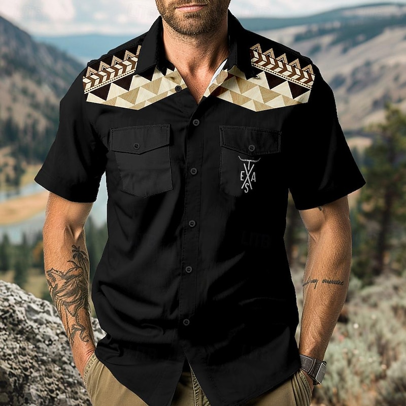 Men's Southwestern Print Shirt Western Shirt Cowboy Shirt Short Sleeve Western Style Outdoor Summer Spring Shirt Collar Black Khaki