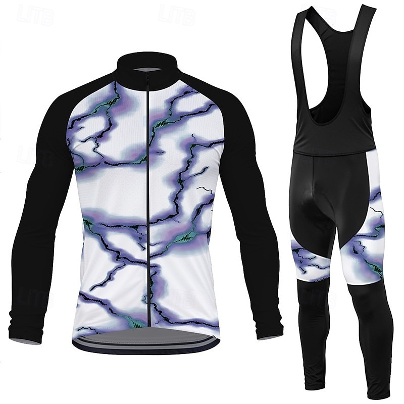 Men's Cycling Jersey with Bib Tights Lightning Long Sleeve Bike Bib Tights Top Clothing Suit with 3 Rear Pockets Mountain Bike MTB Road Bike Cycling Sweat wicking Comfortable Breathable Sports Red3