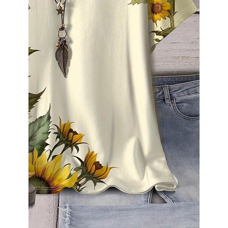 Women's T Shirt Casual Sunflower Print Short Sleeve Regular Tops V Neck Daily off-white Summer3