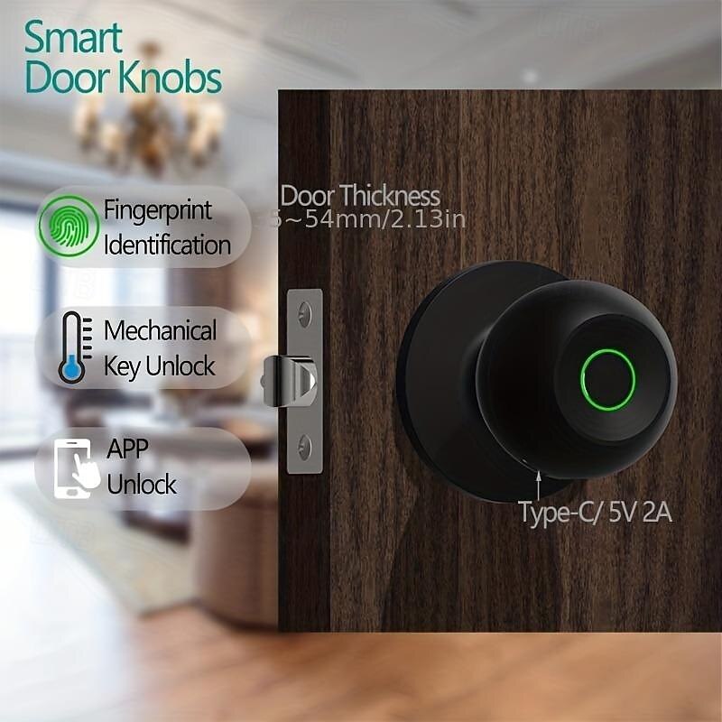 Biometric Smart Door Knob with Tuya App Control Secure Fingerprint Lock for Bedroom Cloakroom Apartments Offices