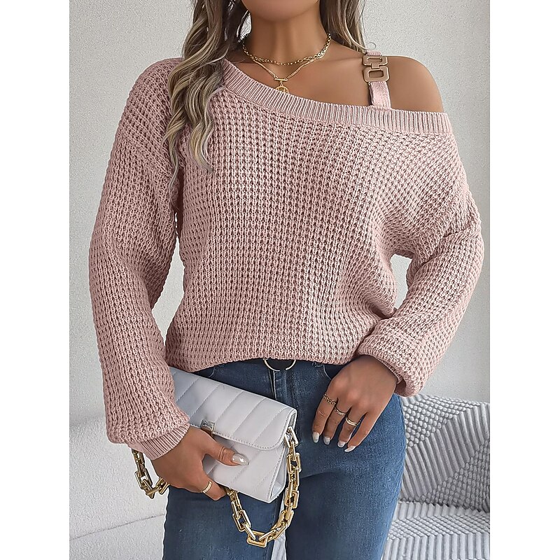 Women's Sweater Stylish Solid Color Ribbed One Shoulder Cold Shoulder Long Sleeve Regular Tops Knit Daily White Pink Spring Fall4